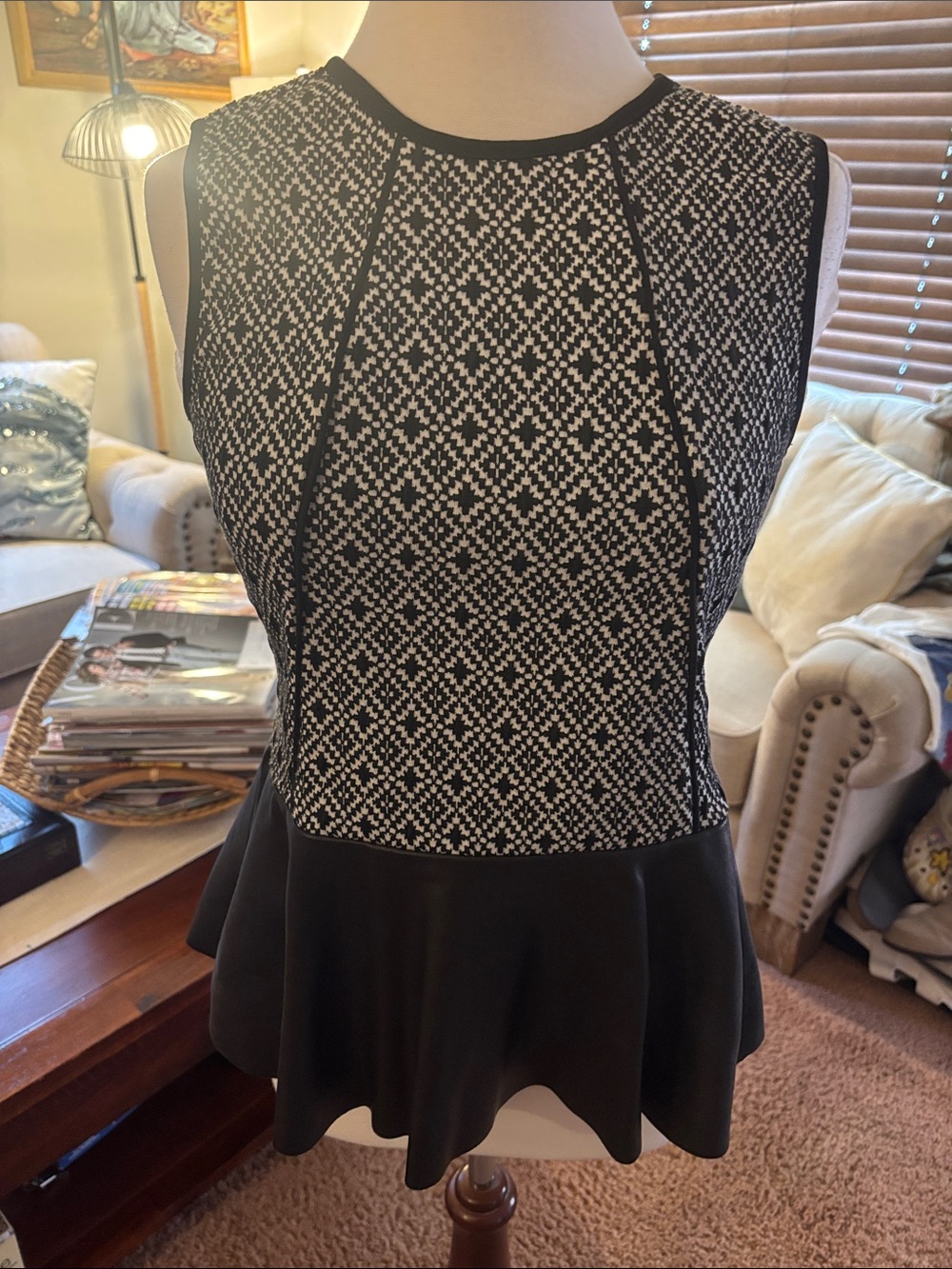 Parker Black & White Textured Genuine Leather Peplum Top